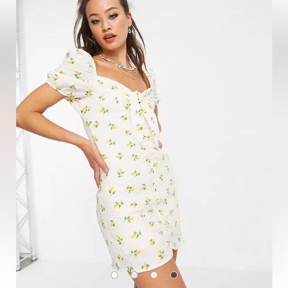 New! Topshop ruched front lemon mini dress textured cloth multi 28284 - Picture 2 of 14